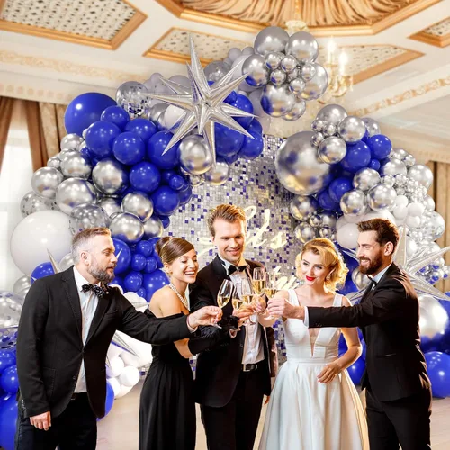 Vista 5 de FOTIOMRG Kit de arco de guirnalda de globos azul real y plateado de 131 piezas, globos azul real blanco plateado de confeti para decoraciones