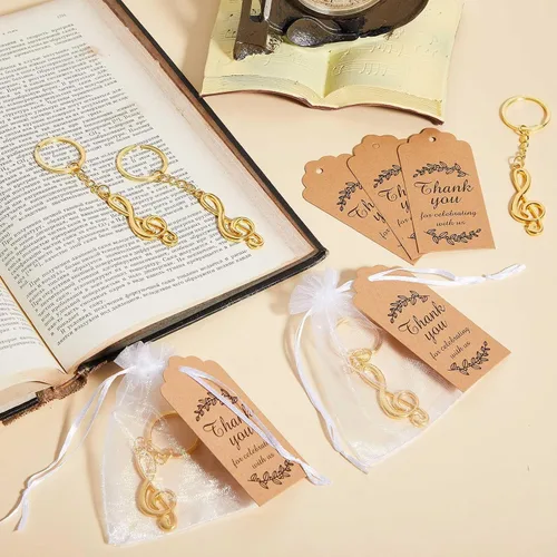 Vista 7 de Taiyin Juego de 15 llaveros de notas musicales con bolsas de organza, baratijas de metal g para decoración de recuerdos de fiesta de boda (dorado)