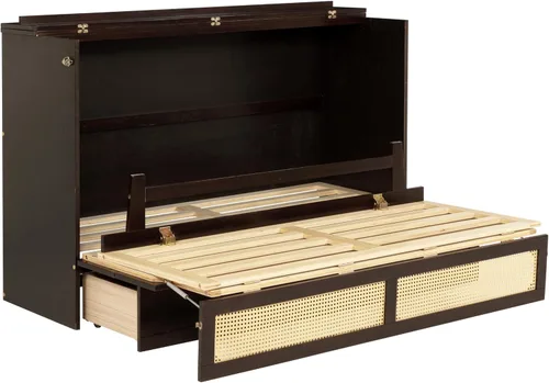 Vista 6 de Cama Murphy de tamaño queen, cama de madera de pino con decoración y cajón de ratán, color espresso