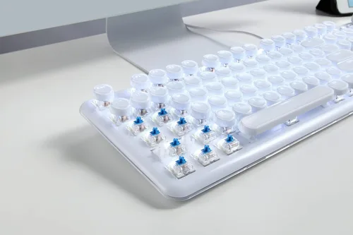Vista 5 de Teclado para juegos, estilo retro punk, interruptores azules, retroiluminación blanca, cable USB, para PC, laptop, computadora de escritorio
