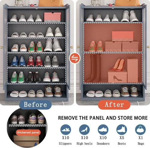 Vista 6 de Zapatero de 8 niveles con puertas, armario grande de almacenamiento de zapatos para entrada, organizador de zapatos de bambú para 36-40 pares