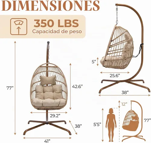 Vista 4 de RADIATA Silla de huevo al aire libre con soporte, silla colgante de mimbre Dorado/Beige
