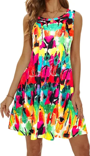 Vista 4 de Vestidos de verano 2025 para mujer, vestidos informales para la playa, salidas de baño, vestidos acampanados y con vuelo, sin mangas, tipo camiseta