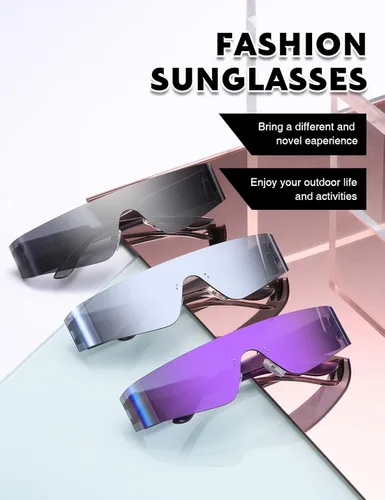 Vista 6 de MASDUN Gafas de sol futuristas envolventes sin montura para mujeres y hombres gafas de sol Cyberpunk con visera