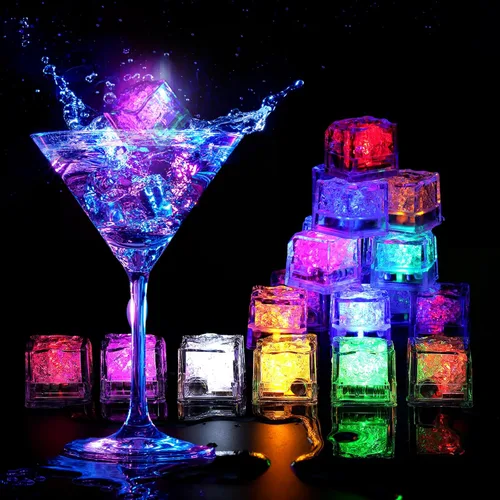 Vista 9 de Cubos de hielo iluminados para bebidas azules, 12 cubos de hielo LED activados por líquidos, brillan en la oscuridad impermeables, suministros