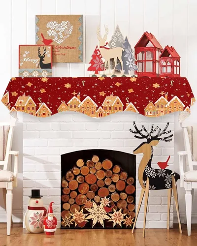 Vista 3 de Bufanda de mantel de Navidad de 60 x 17 pulgadas, cubierta de mantel de chimenea con deliciosas galletas rojas de Candy House para chimenea, bufanda