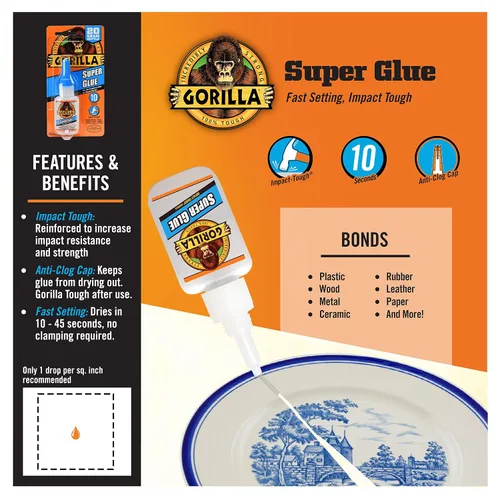 Vista 3 de Gorilla Super Glue, pegamento transparente, 20 gramos (paquete de 1) - Todo propósito y configuración rápida para proyectos y reparaciones