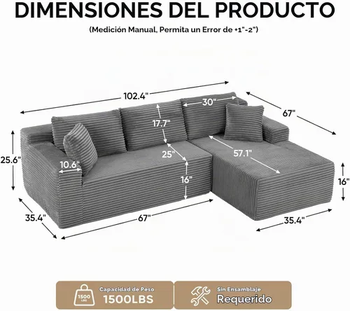 Vista 2 de Sofá sin hueso, sofás seccionales de 102.4 pulgadas para sala de estar con sofá en forma de L Sofá Cloud seccional con diván, sofá modular de nube