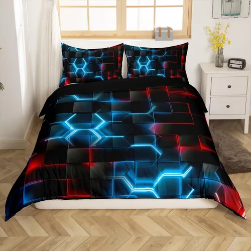 Vista 12 de Feelyou Juego de ropa de cama verde y negro tamaño individual para niños y adolescentes, juego de funda de edredón con temática hexagonal