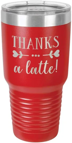 Vista 14 de Taza de viaje de acero inoxidable con tapa superior deslizante y pajita con texto en inglés "THANKS A LATTE 30oz Taza de viaje", compara con Yeti