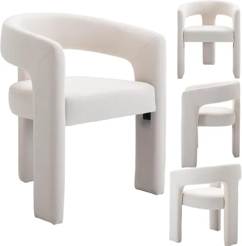 Vista 28 de Silla moderna de comedor en barril, silla de cocina acentuada tapizada en cuero sintético con brazos, silla lateral cómoda para sala de blanco