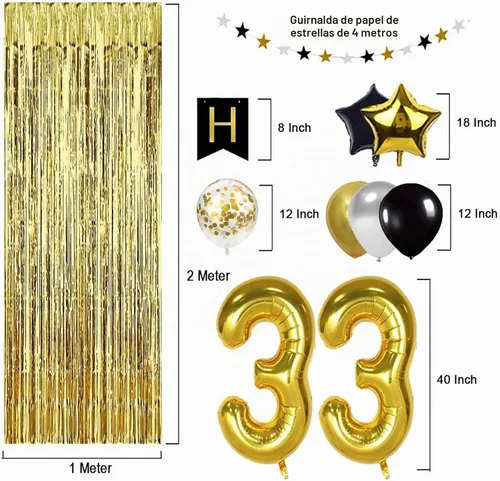 Vista 3 de Decoraciones de cumpleaños número 33, negro y dorado, pancarta de feliz cumpleaños, 33 globos, suministros de decoración