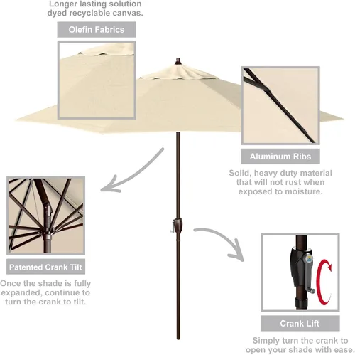 Vista 3 de California Umbrella Sombrilla redonda de aluminio de 9 pies para terraza, piscina o patio, manivela elevadora, inclinación automática, poste