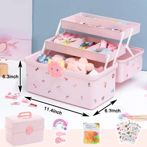 Vista 5 de MASKMELLOW Shapeazy - Organizador de accesorios para el cabello para niñas, caja de plástico de 3 capas con bandeja plegable y asa, contenedor