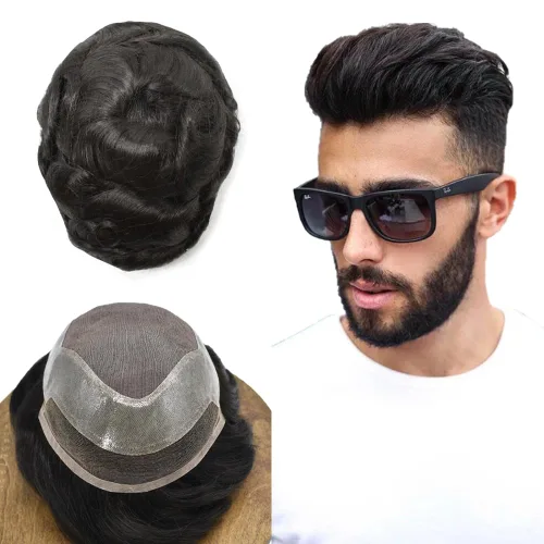Vista 12 de Tupé para hombres Piezas de cabello humano real para hombres Sistema de reemplazo de cabello para hombres Encaje Toupee Hairpieces para adelgazar