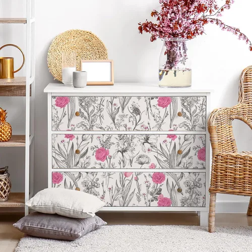 Vista 7 de VEELIKE Papel tapiz de dibujo floral gris para despegar y pegar, papel tapiz de flores rosas de 17.7 x 118 pulgadas, papel de pared botánico vintage