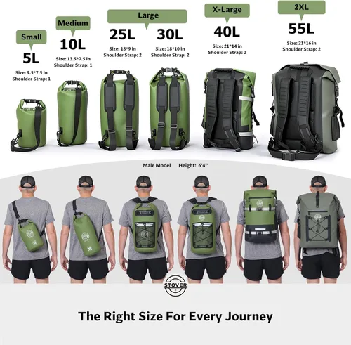 Vista 7 de STOVER 5/10/25/30/40/55L Waterproof Dry Bag- Roll-Top Backpack w/Phone Case- Kayaking, Hiking, Camping, Boating- Men/Women