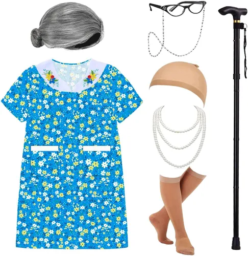 Vista 6 de Znorso Old Lady Costume Kit 100th Day of School Little Girls with Nightgown Wig Cane & Other Halloween Cosplay Dress Up