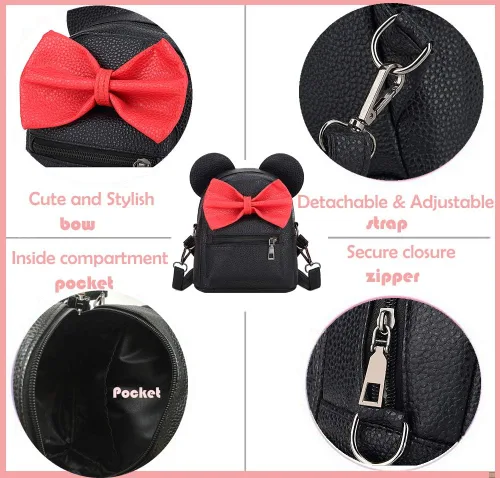 Vista 6 de Mochila convertible con diseño de orejas de ratón y lunares y lazo de lentejuelas para niñas y mujeres Lazo de algodón negro con diseño de lunares