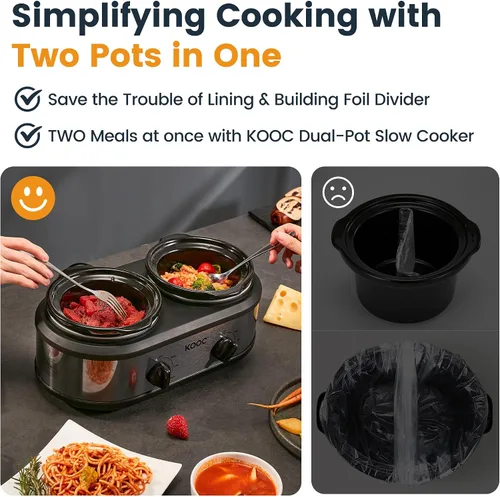 Vista 6 de KOOC Olla de cocción lenta doble pequeña, servidor de buffet y calentador, 2 ollas mini con 3 temperaturas ajustables individuales, ollas cerámicas