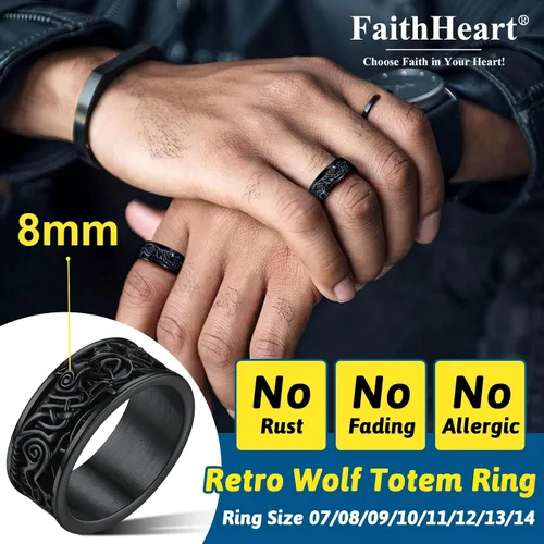 Vista 2 de FaithHeart Anillos de sello de cabeza de lobo para hombres y mujeres, anillo vikingo nórdico de acero inoxidable, tamaño 7891011121314 personalizado