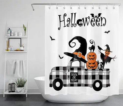 Vista 10 de LB Cortina de ducha de Halloween, cementerio de terror, fantasma, gatos negros en árbol, calabaza, cortinas de ducha para baño con ganchos, 60 x 72