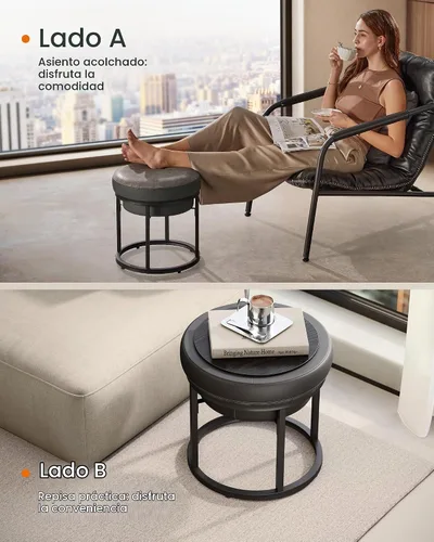 Vista 4 de SONGMICS HOME LUIZ Collection - Otomana reposapiés, otomana redonda, taburete de tocador, reposapiés, tapa reversible, mesa auxiliar, carga máx. 660