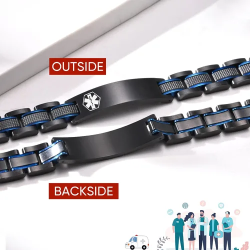 Vista 6 de Free Custom Engraving Medical ID Bracelet 2-tone Blue Black Titanium Steel Heavy Masculine Elaborate Men's Medical Alert Bracelet Wristband Jewelry