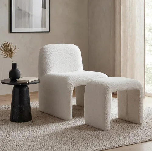 Vista 9 de Silla moderna para sala de estar con otomana, silla tapizada de lino mixto, cómoda silla de lectura lateral para sala de estar, dormitorio, Beige