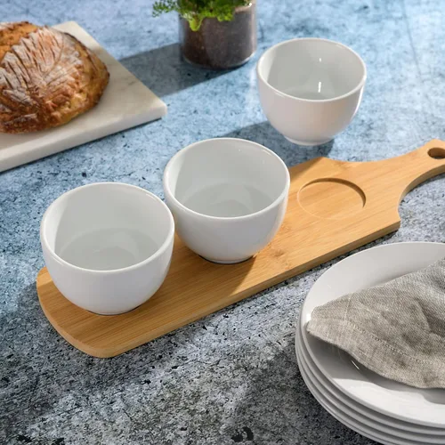 Vista 6 de Gibson Home Gracious - Vajilla de comedor, juego de 3 cuencos Tidbit con bandeja de bambú, color blanco, cuenco Tidbit de 3 piezas con bandeja