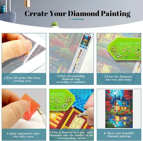 Vista 3 de YOYA Paquete de 2 Kits de Pintura de Diamantes de Cabaña de Troncos para Adultos, Kits de Arte de Diamantes 5D de Cabaña del Lago para Adultos, Kit