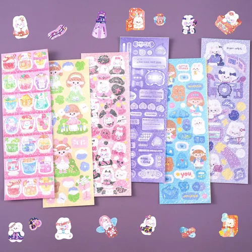 Vista 6 de HINZIC 60 hojas de calcomanías de corazón Kpop para fotocartas, calcomanías decorativas Kawaii conejo oso, calcomanías coreanas autoadhesivas