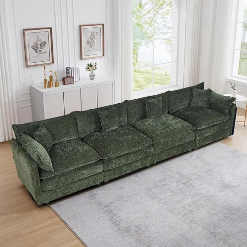 Vista 15 de Setawix Sofá Profundo de 3 Plazas con Otomana, Sofás de Nube en Forma de L de 112.2" para Sala de Estar, Sofá de Nube de Chenilla con Asiento Café
