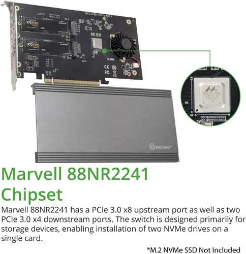 Vista 3 de IO CREST Dual M.2 NVMe Puertos RAID a PCIe 3.0 x16 Interfaz (ancho de banda x8) Controlador elevador de bifurcación - SI-PEX40158