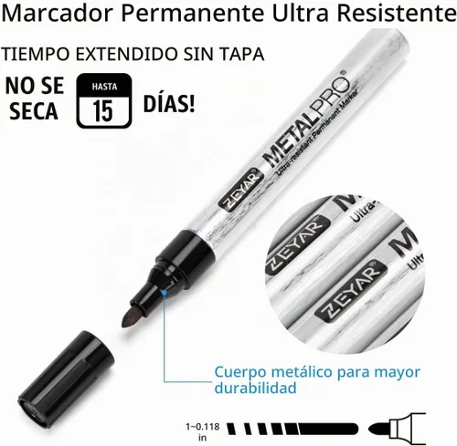 Vista 3 de ZEYAR Marcadores permanentes, punta de bala, barril de aluminio, impermeable y a prueba de manchas, tinta de secado rápido, ideal para plástico Negro