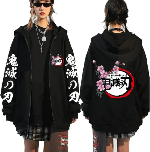 Vista 5 de Symish Anime - Sudadera con capucha y cremallera de anime Tanjirou Nezuko Anime Cosplay con cremallera para unisex