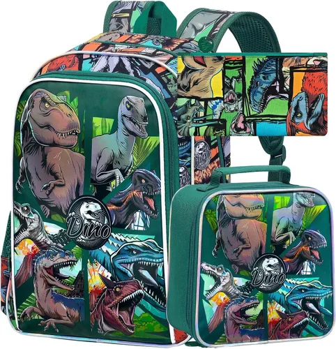 Vista 17 de CCJPX 3Pcs Backpack for Boys, 16 Inch Preschool Elementary Kindergarten School Backpacks and Lunch Box Aa1-dinosaurio Negro