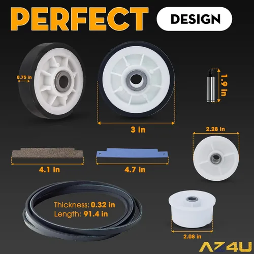 Vista 2 de Kit de reparación de secador AZ4U Rodillos del tambor 12001541 303373K W10116741 303373, Correa 33002535 WP33002535 33001777, Polea tensora