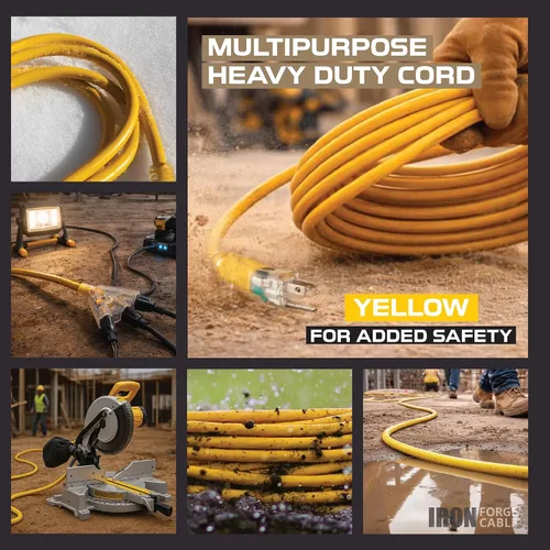 Vista 7 de Iron Forge Cable - Alargador de cable iluminado para exteriores de 2 pies con 3 tomas - Cable de extensión resistente 12/3 SJTW amarillo de 3 patas