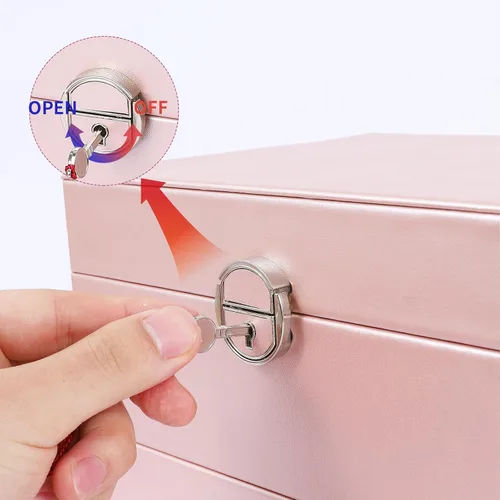 Vista 5 de BOOVO Joyero de pendientes para mujeres y niñas, organizador de joyas de 5 capas con candado, organizador de aretes, collar y anillos, caja
