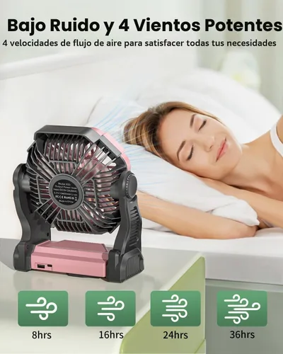 Vista 4 de AEscod Ventilador de camping recargable, ventilador de campamento inalámbrico con linterna LED, gancho para colgar, rotación de 270°, 20000 mAh Rosa