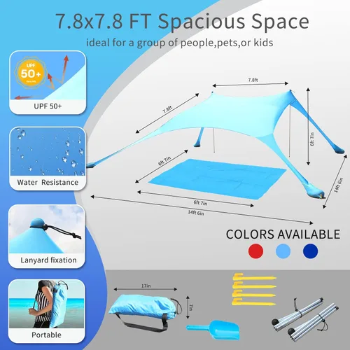 Vista 6 de Tienda de campaña de playa de 77 pies con protección UV UPF50+, toldo al aire libre con 2 postes para camping, pesca, patio trasero y pícnics