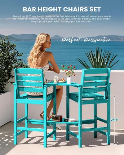 Vista 7 de SERWALL: Juego de 2 sillas Adirondack altas con mesa conectada, taburetes de exterior para todo clima, color azul Aruba