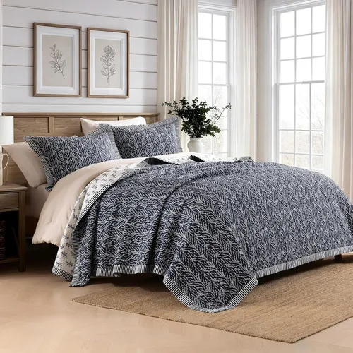 Vista 2 de SahSahCasa Juego de edredón tamaño Queen, juego de ropa de cama 100% algodón, patrón botánico, color liso, elegante, ligero, acolchado para cama