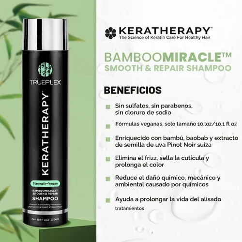Vista 2 de KERATHERAPY Bamboo Miracle Smooth & Repair Champú, 10.1 onzas, 10.1 fl oz – Fórmula limpiadora vegana para cabello dañado y encrespado – Hidratante