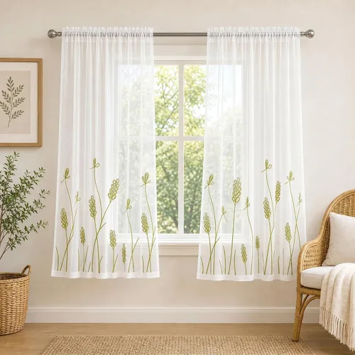 Vista 28 de Melodieux Cortinas texturizadas de lino con bordado de trigo para sala de estar, dormitorio, cortinas de ventana con patrón floral de granja