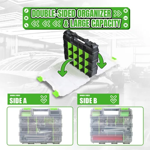 Vista 6 de Jack Boss Caja de herramientas con tapa transparente, caja organizadora de 34 compartimentos de doble cara con divisores extraíbles para herrajes