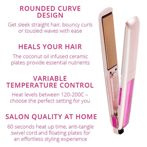 Vista 6 de Lee Stafford Plancha profesional para el cabello, plancha plana de cerámica Coco LoCo, control de temperatura variable, placas flotantes, color rosa