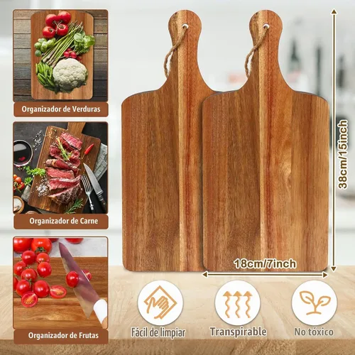 Vista 2 de 10 paquetes de tablas de cortar de madera de acacia, tabla de cortar lisa de 15 x 7 pulgadas con asas, tabla de servir grande, tabla de cortar