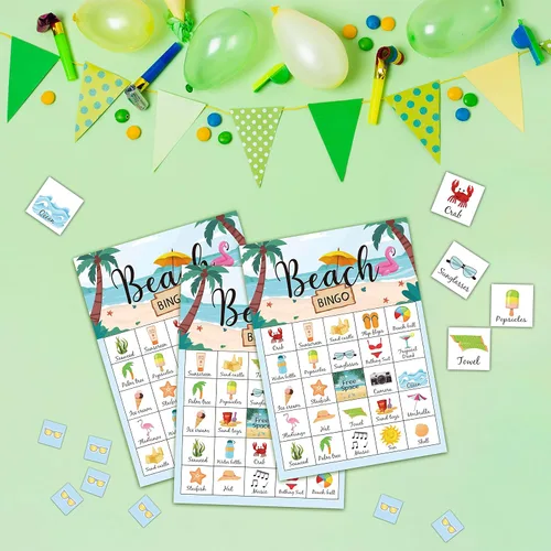 Vista 3 de Juego de bingo de playa, juegos de fiesta temática de verano tropical con 24 jugadores, actividades de suministros hawaianos, recuerdos de fiesta